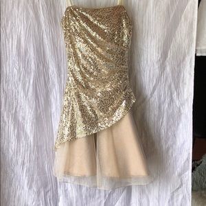gold sequence, strapless knee length dress.
